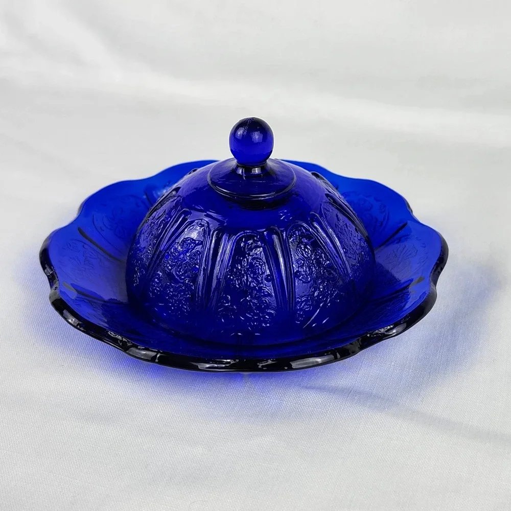 VTG Butter/Cheese Dish Cobalt Blue Glass Cherry Blossom Embossed Scalloped Edge